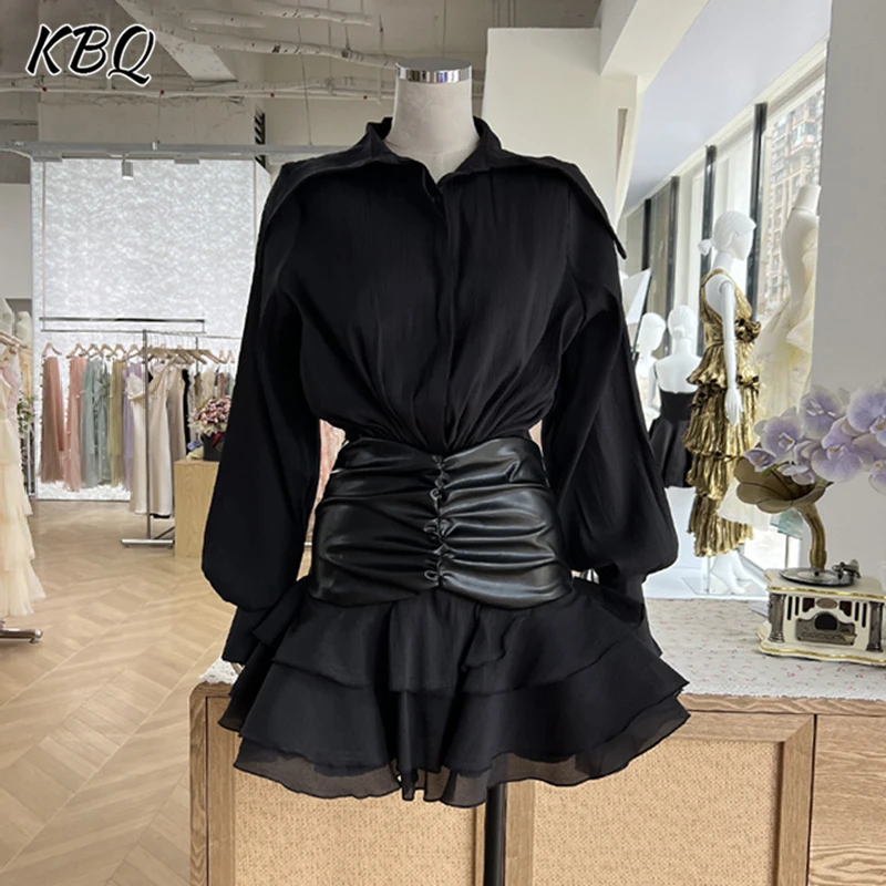 

TWOTWINSTYLE Solid Spliced Folds Mini Dresses For Women Lapel Long Sleeve High Waist Patchwork Rufflues Chic Dress Female New