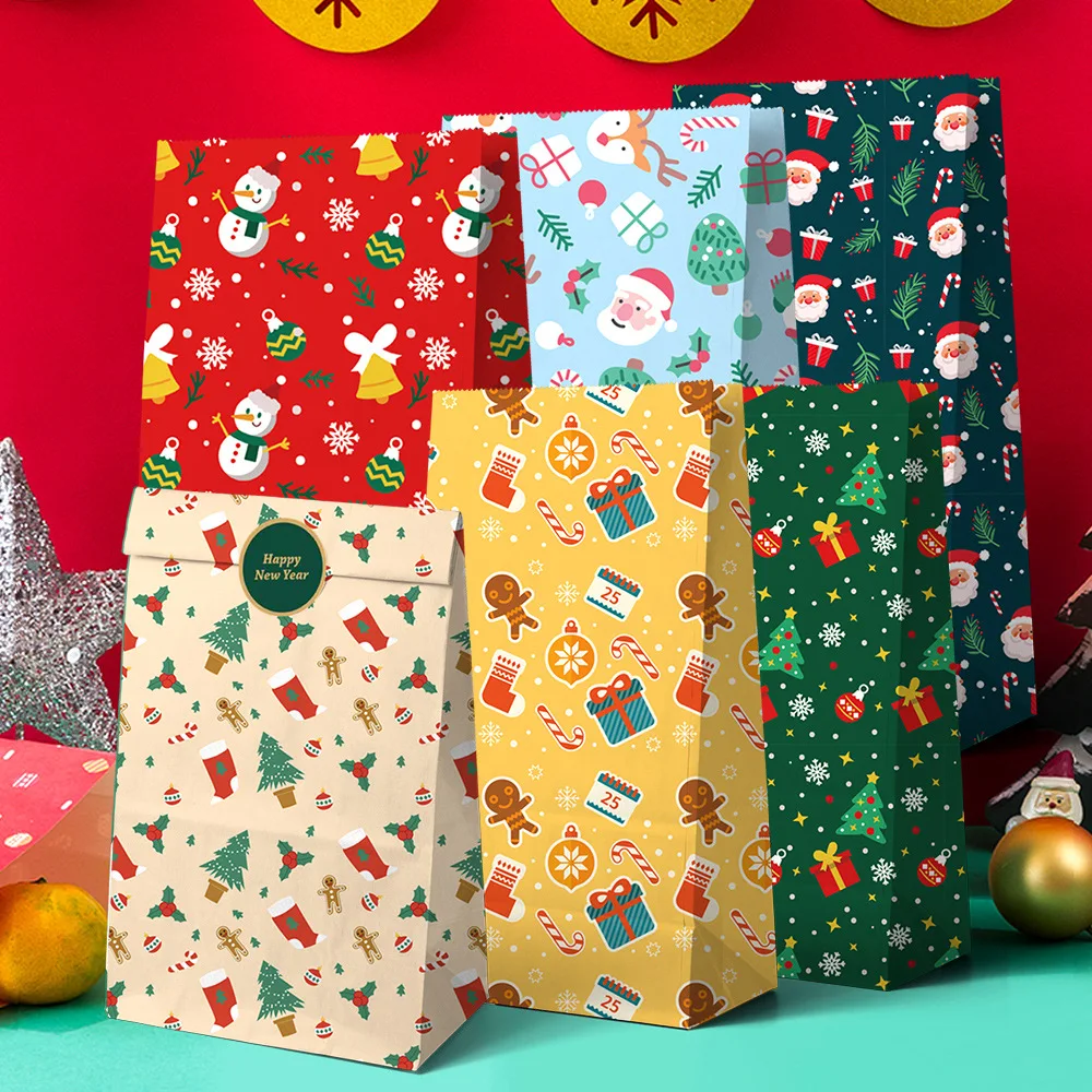 

12 PCS Christmas Gift Bags Santa Claus Flat Paper Bags for Xmas Holiday Present Packaging Christmas Socks