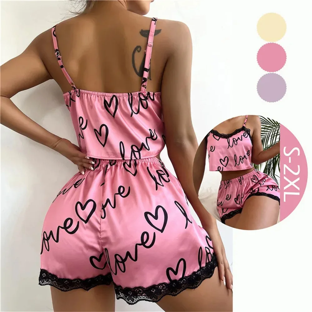 2 Pieces Set Women\'S Pajama Shorts Suit Homewear Print Underwear Pijama Sexy Lingerie Camisoles Tanks Nighty Ladies Sleepwear