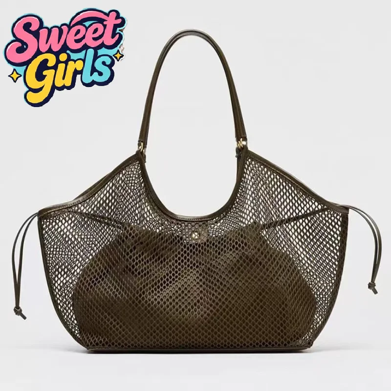Mesh Beach Bag Women's Shoulder Tote Bag Large Capacity Foldable Mesh Swim Bag With Inside Pocket Casual Shopper Totes