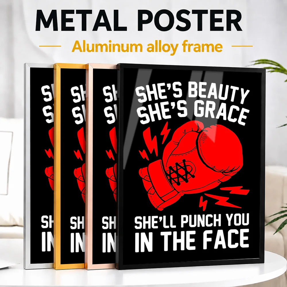 She's Beauty, Grace, Boxing Framed Aluminum Metal Poster Customized Photo Motivational Training Style Wall Art For Living Room