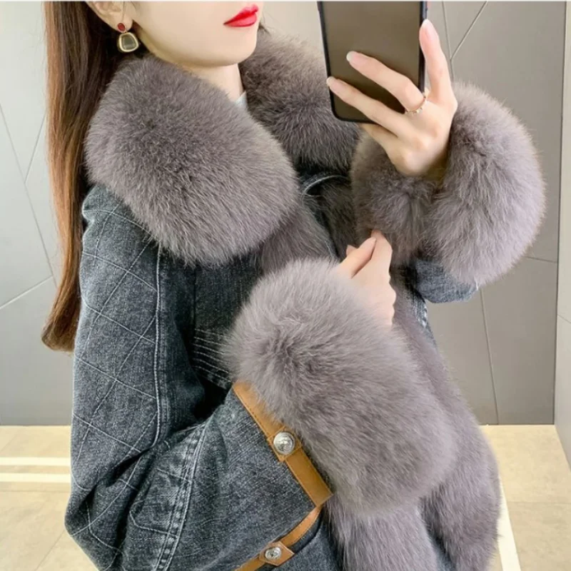 Fried Street Jeans Jackets Women Overcoat 2023 Winter New Long Edition Goose Down Jacket Big Fox Fur Collar Warm Fur Parker Coat