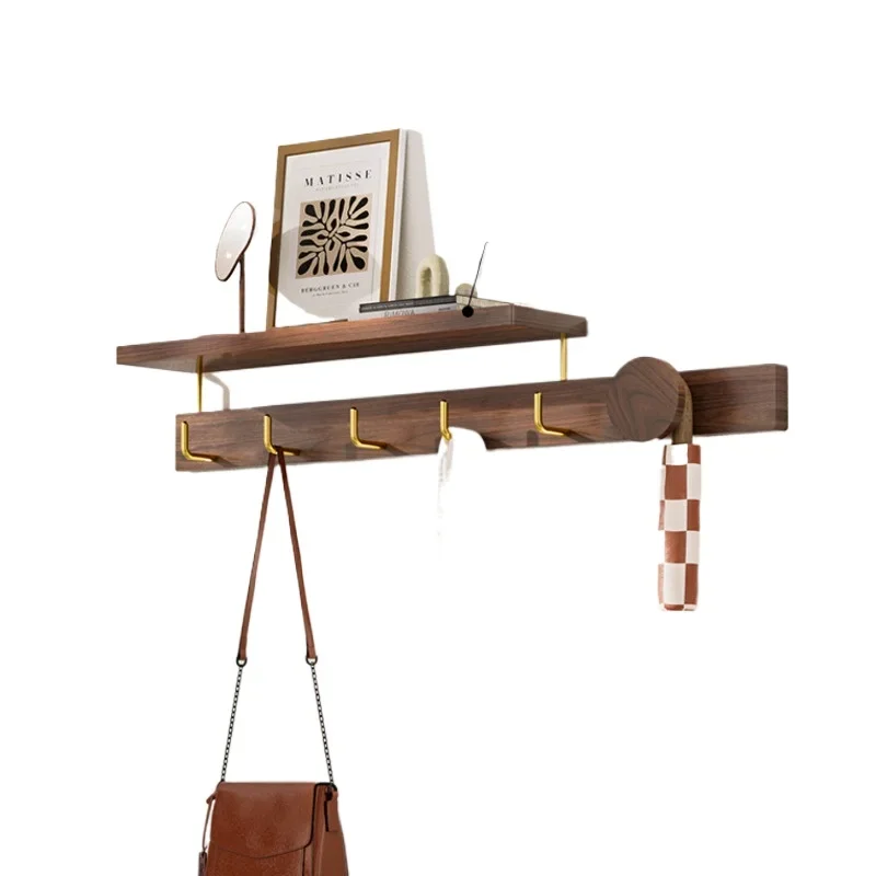 No Punching Clothes Hook Black Walnut Wood Coat Rack Creative Living Room Storage Shelves Versatile Scene Hanger For Bags
