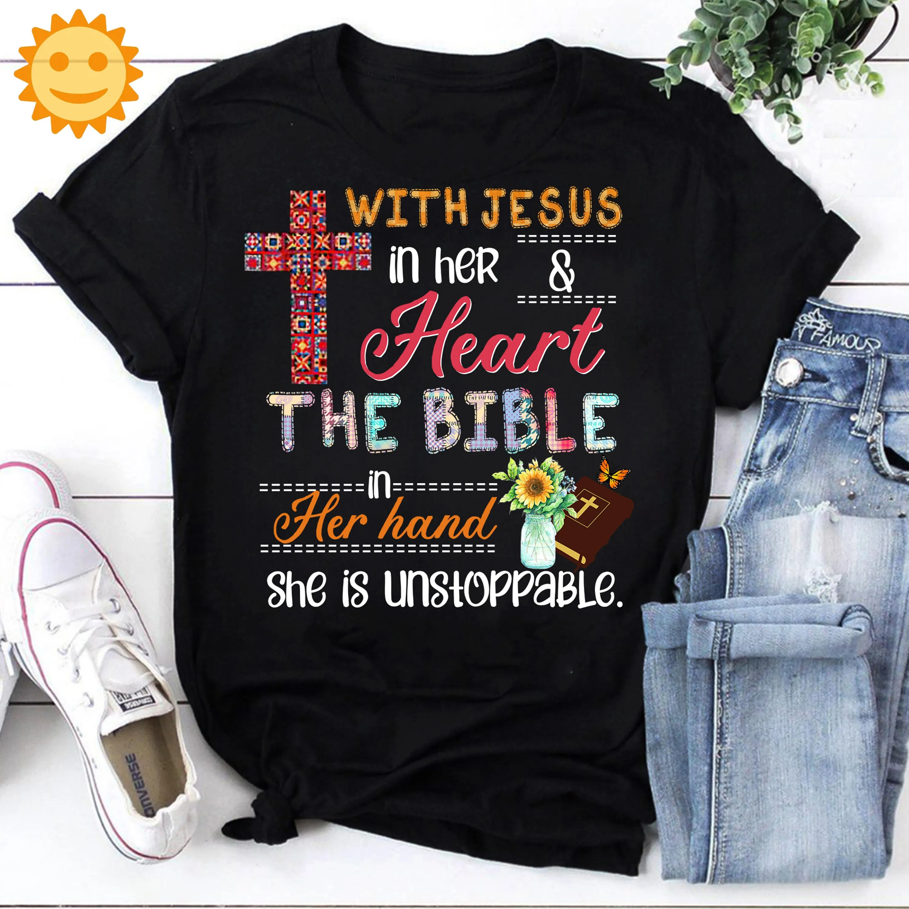 With Jesus In Her Heart The Bible Hand She Is Unstoppable Vintage T Shirt Christian Lovers