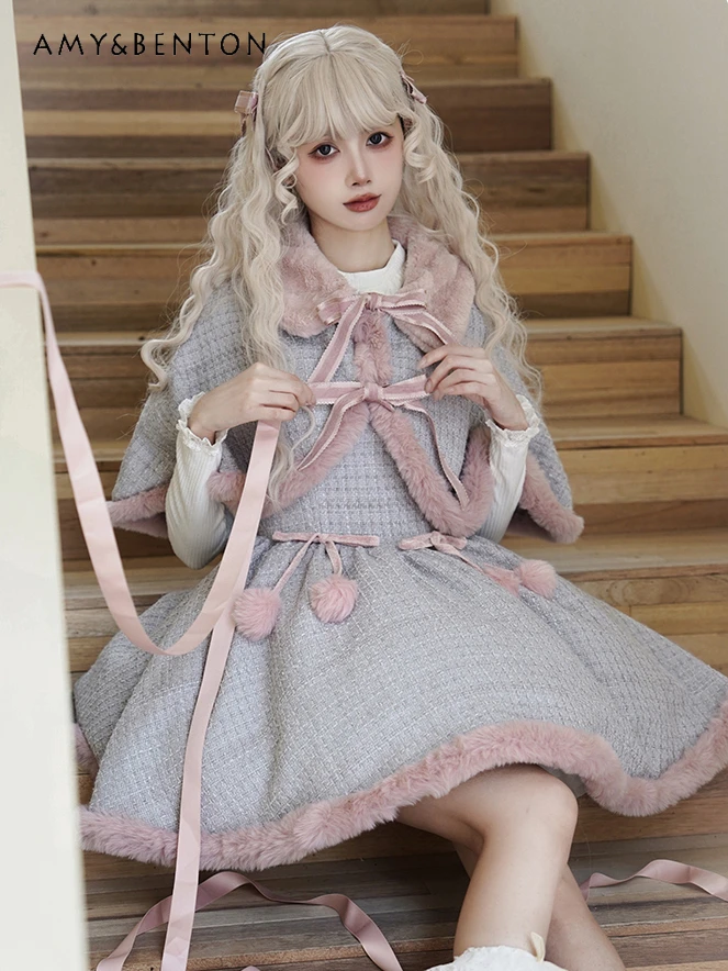 Daily Lolita Dresses Women Sweet Cute Bowknot Tweed Cloak Strap Dress Sets Women Winter New Thicken Kawaii Slim Fit Mini Dress