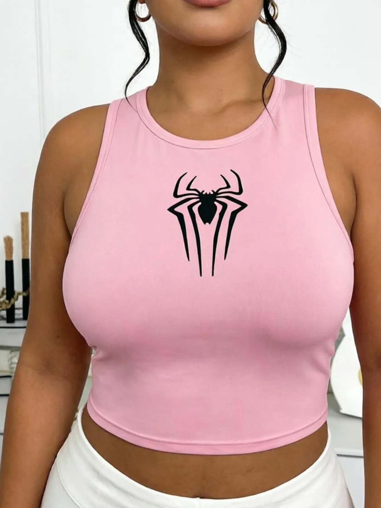 Simple and creative pattern printed women's fashionable vest, sexy and casual women's sleeveless off-shoulder top