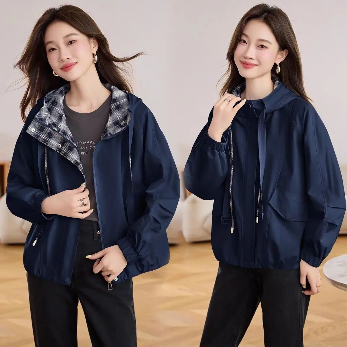 

Plaid Color Matching Jacket Ladies 2025Spring Autumn New Popular Windbreaker Coat Women's Short Hooded Fashion Overwear Top Tide