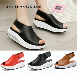 Plus Size Summer 2022 Women Sandals Platform Wedges Sandals Leather Swing Peep Toe Casual Shoes Roman Women Walking Shoes Flats