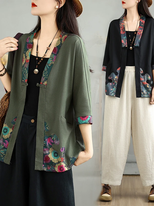 

Модный свободный кардиган с ретро-принтом, топ на пуговицах с привлекательным V-образным вырезом, стандартной длины, для повседневной носки