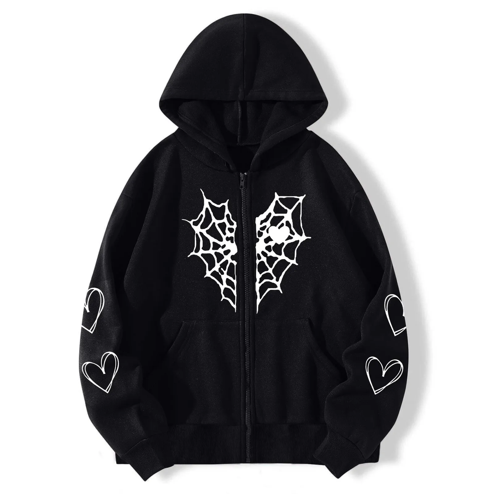 

Zip Up Hoodies Heart Spider Web Print Hoodies Long Sleeve Harajuku Hooded Sweatshirt Solid Coloured Basic Versatile Y2k Clothes