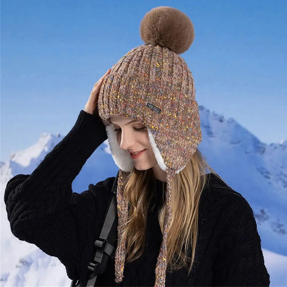 Versatile Windproof Coldproof Knitted Hat Fluffy Thickened Ski Cap Plush Soft Ear Protection for Autumn Winter