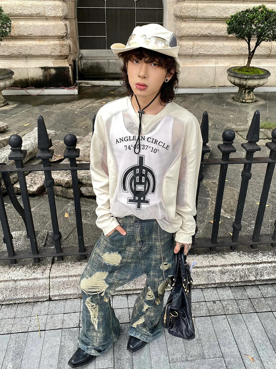 ReddaChic Falso in due pezzi da uomo Jeans larghi Do Old Vintage Tie Dye Distrutto Punto irregolare Bordo grezzo Pantaloni larghi Hiphop Streetwear