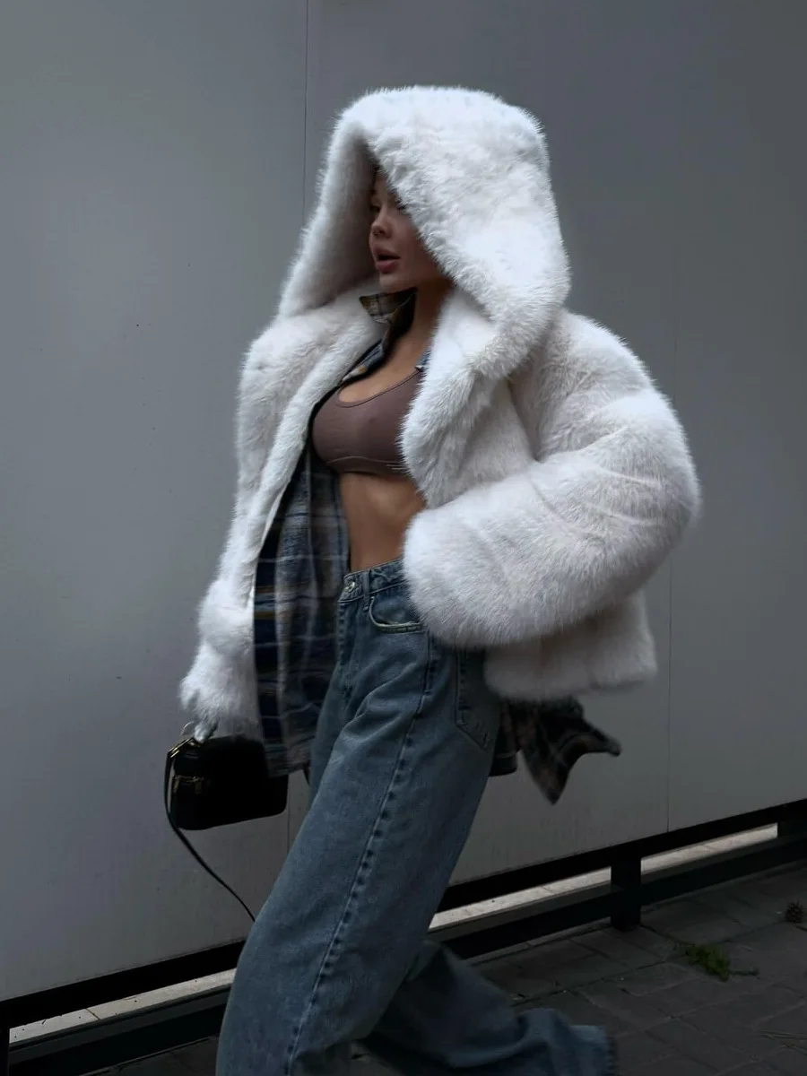 フード付き人工毛皮フェイクファーコート、フォックスファーオーバーコート、秋冬用ショートファージャケット、女性用ファートップ