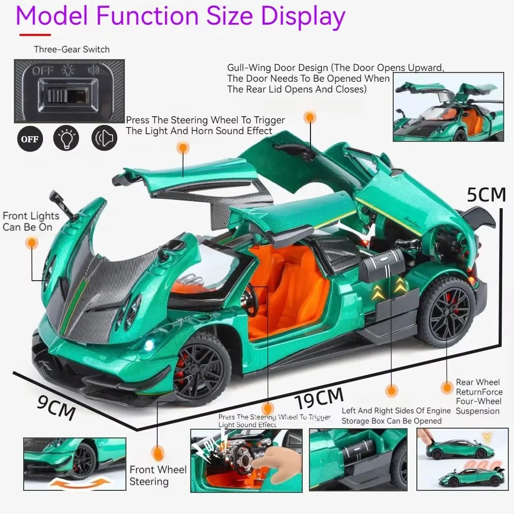 1:24 PAGANI Huayra BC Zonta Legering Miniatuur Model Speelgoed Diecast Autodeuren Geopend Geluid Licht Trek Voertuigen voor Volwassen Jongen Gift