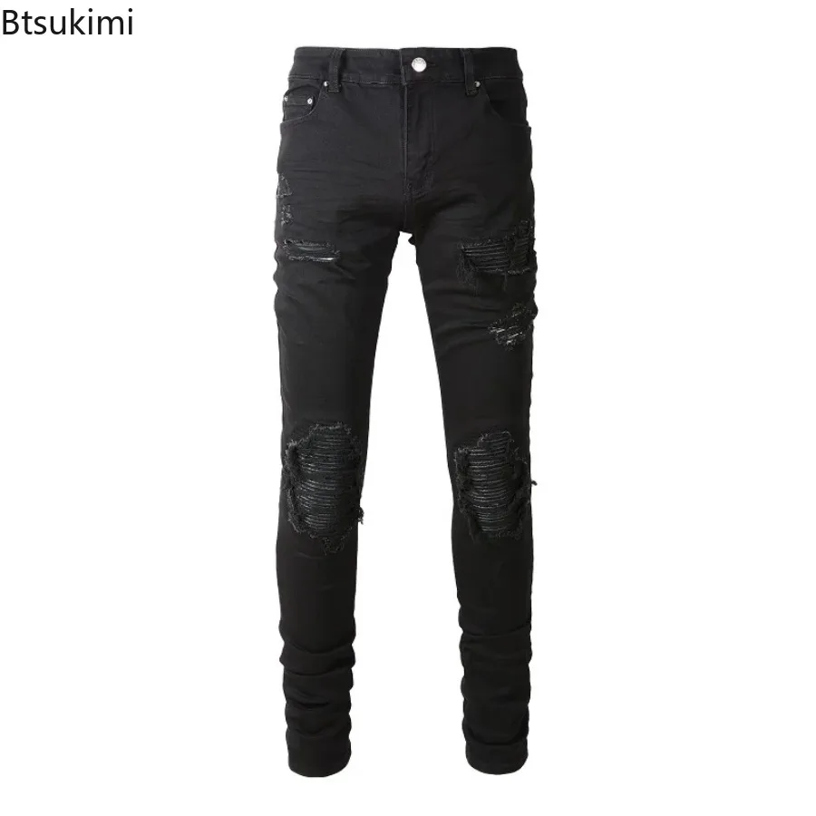 

2026 Men's Patch Biker Jeans for Motorcycle Streetwear Holes Ripped Patchwork Stretch Denim Pants Black Skinny Tapered Trousers