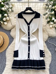 Winter Polo Collar Long Sleeved Single Breasted Knitted Dress Women Fashion Contrasting Color Ruffle Edge Knitted Dress S145