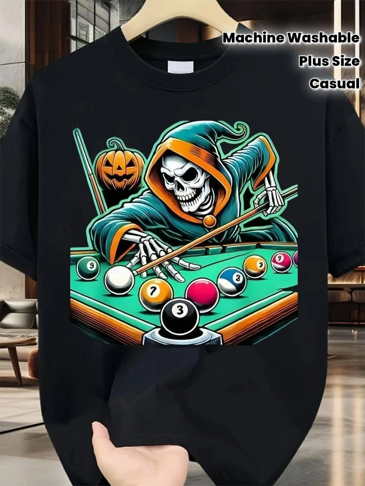 Men'S And 'S Retro Skeleton Billiards Pool Table T-Shirt - Short-Sleeve Shirt with Billiard And Cue Stick Graphics, Machine Washable Casual Party Wear for Halloween Or Billiards Events,
