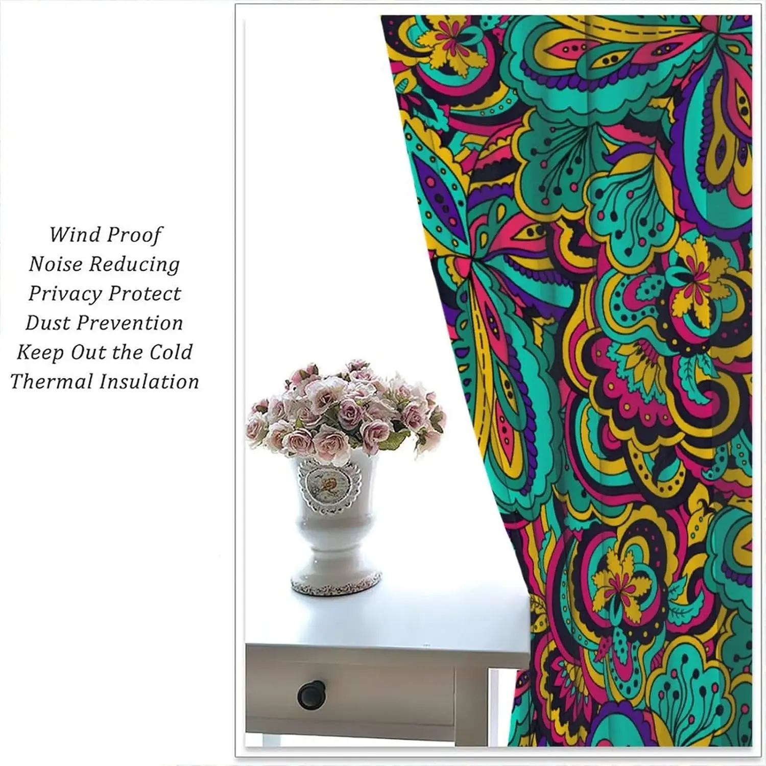 Boho Tropical Floral Psychedelic Curtains 2pcs Window Panels Decoration Set for Living Room Bathroom Home Curtain Pair