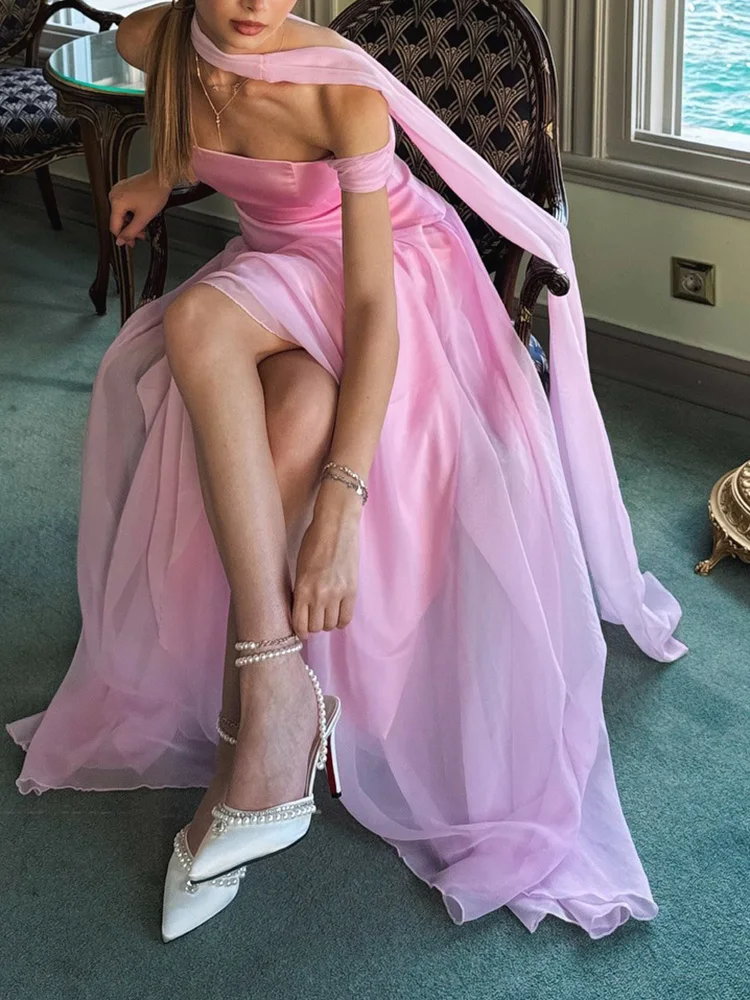 Elegante Reine Farbe Plissee Bankett Kleid Sommer Neue Band Backless Langes Kleid Temperament Hohe Taille Französisch Stil Abendkleid