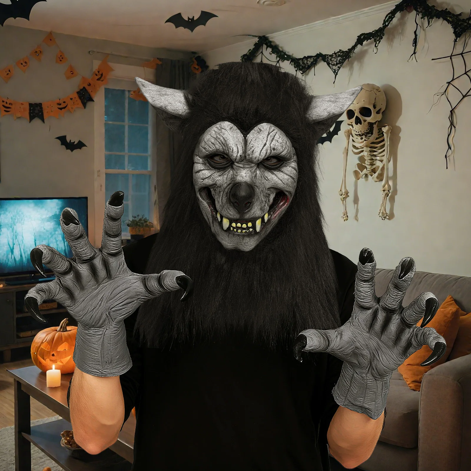 زي الهالوين بالذئب للبالغين، قفازات مخالب الذئب وقناع الرأس للحفلات التنكرية، هدايا أزياء الهالوين المثالية
