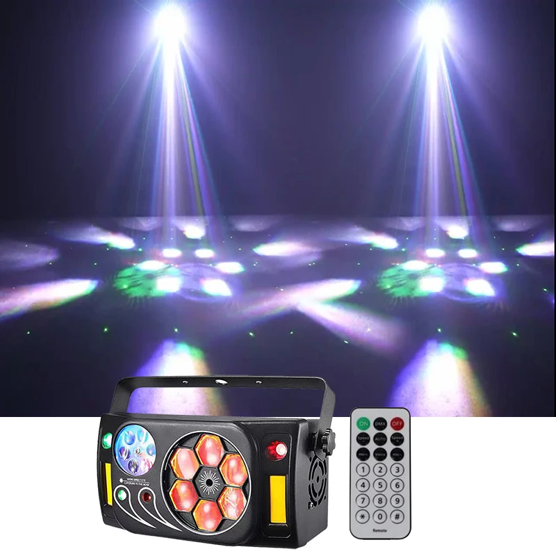 

Remote DJ Lights 6 Bee Eye RGBW Led Beam Picture Wheel Red Green Laser Glaxy White Led Strobe For KTV Disco Party Club