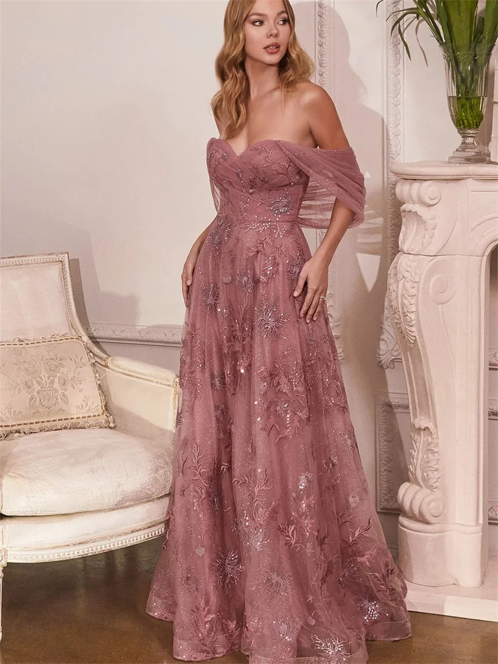 Elegante fora do ombro tule a linha vestido de baile 2024 simples impressão até o chão vestidos de noite clássico vestidos de novia