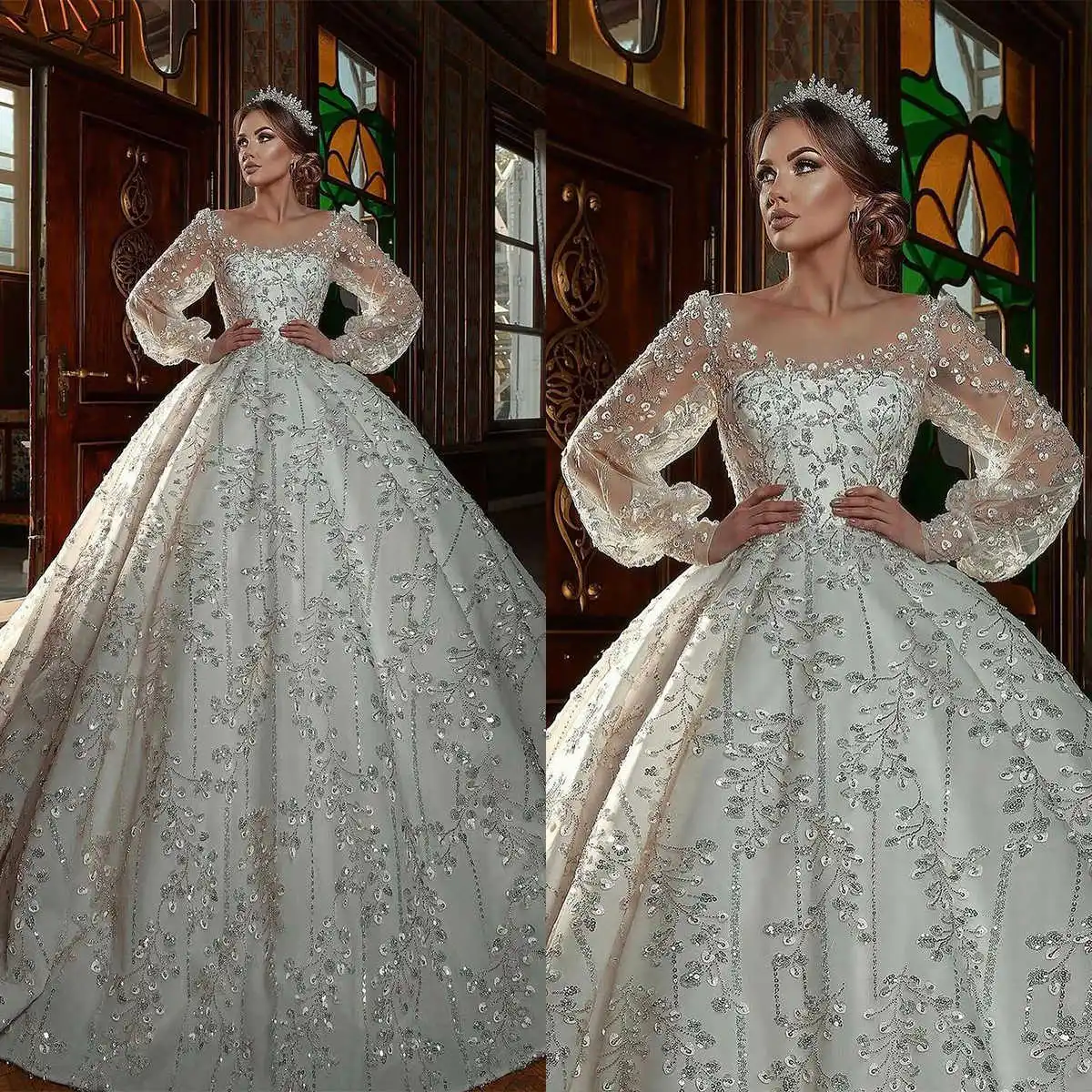 

Gorgeous Wedding Dress For Women O Neck Long Sleeves Bridal Gown Sequins Sweep Train Dresses Custom Made