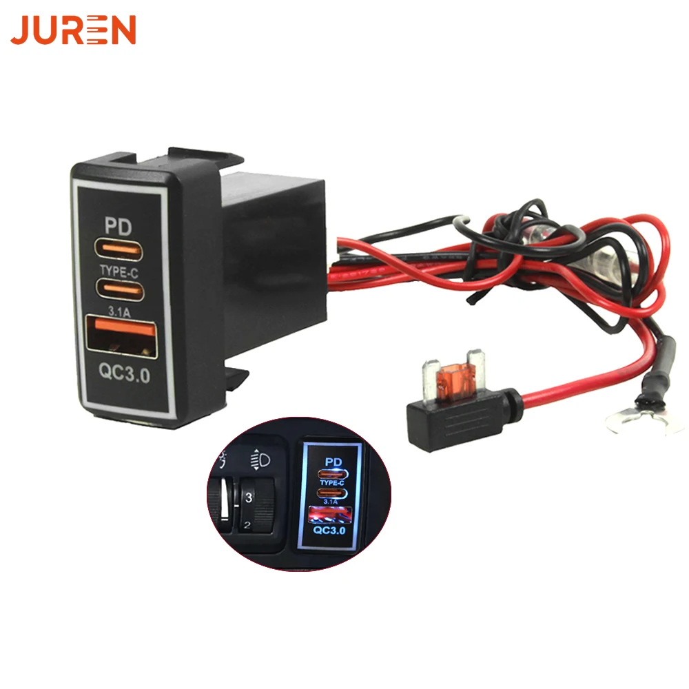 

Juren 1pcs USB Car Charger PD QC3.0 TYPE-C Car Charger Socket 12V 24V Phone Charge Power Adapter for Toyota TS-01-C