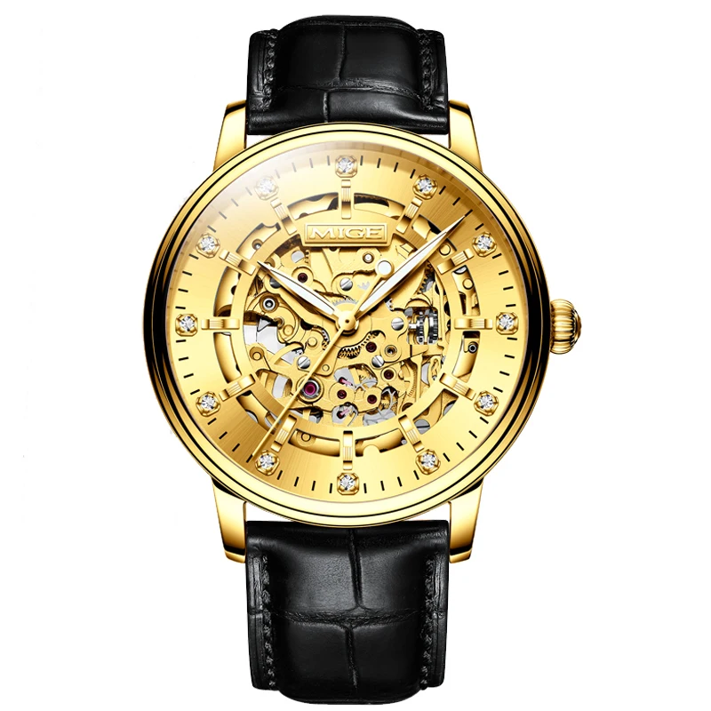 MIGE brand business stainless steel mechanical watch men japan movement waterproof automatic  Hollow leather mens watches