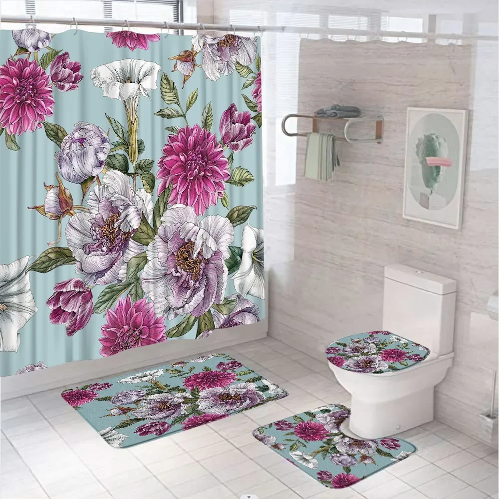 

Винтажная занавеска для душа с акварельными цветами, Набор садовых занавесок с листьями для растений, занавески для ванной комнаты, коврик для ванной, крышка для коврика, чехол для туалета