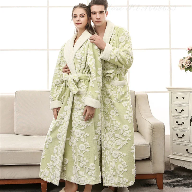 Winter Warm Coral Fleece Long Robe Thick Flannel Jacquard Couple Bathrobe Sleepwear Nightwear Loose Casual Homewear Lounge Wear