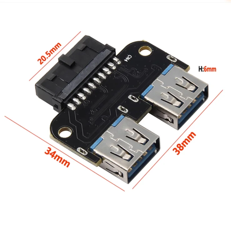 Motherboard USB3.0 19PIN / 20PIN Connector to 2 Ports USB 3.0 Dual Layer Type A Female Adapter for Desktop Computer Accessories