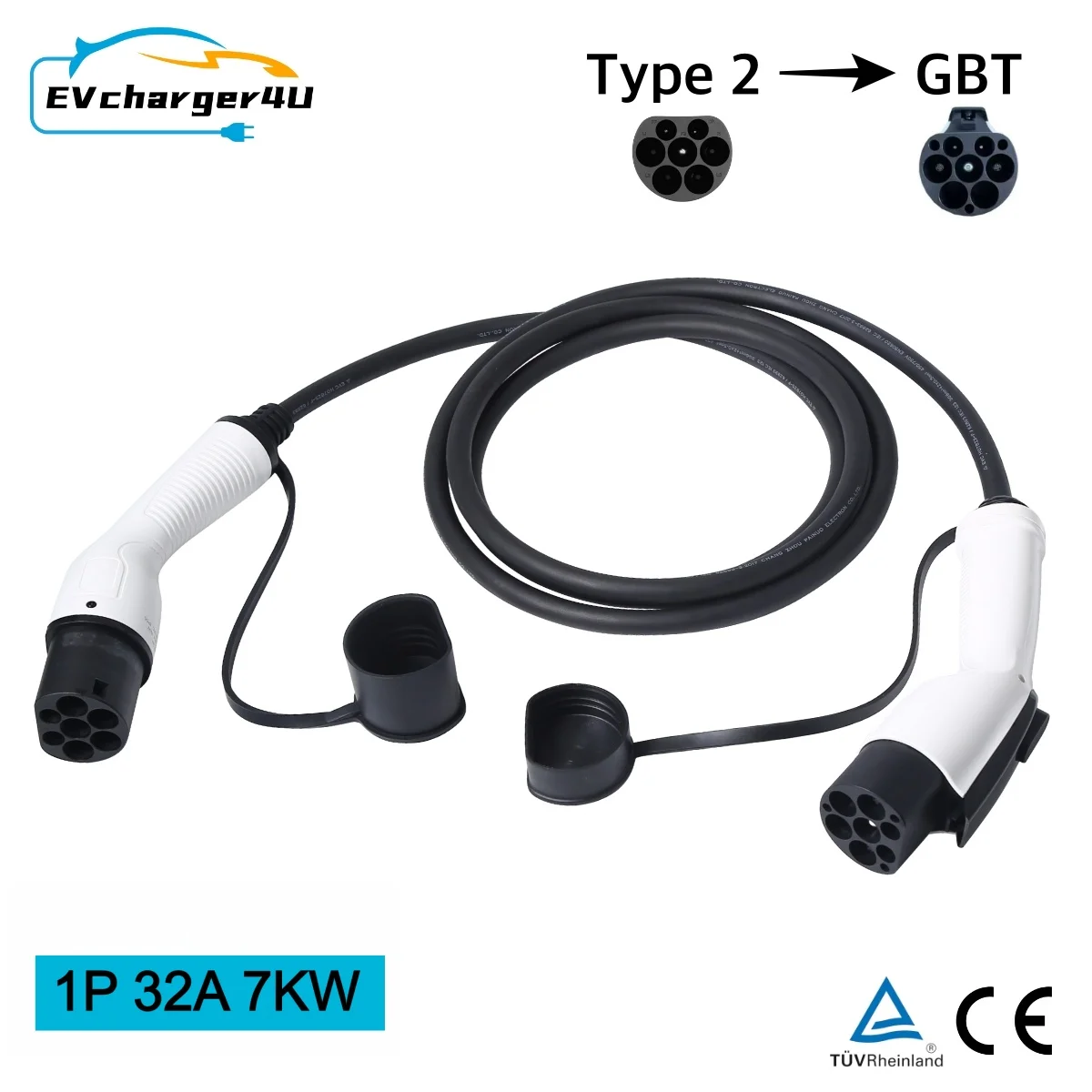 

EVcharger4U Тип 2 к GBT Кабель для зарядки EV 1 фаза 32A 7 кВт 4 м для китайского производства GB/T Charing Inlet на общественную станцию переменного тока