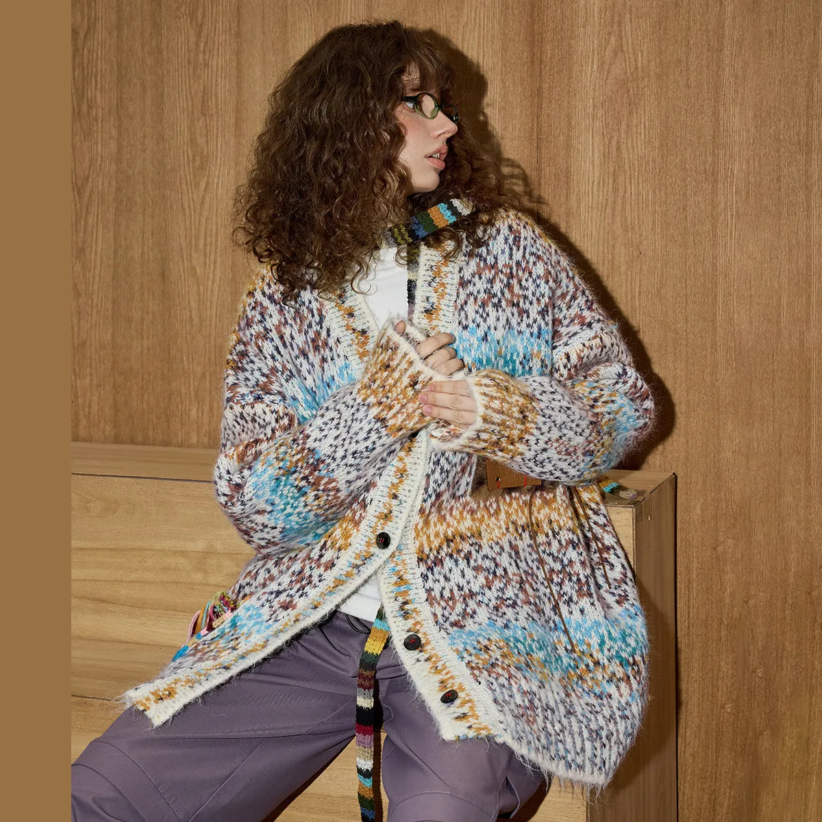 

2025 Women's Oversized Batwing Sleeve Sweater Cardigan Loose Drop Shoulder Tunic Coat Color Block Casual Knitwear with Leather