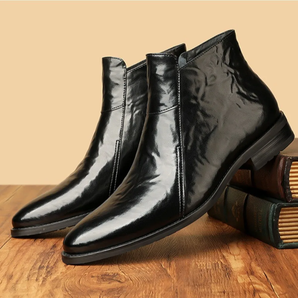 

Men's Chelsea Boots Winter Fleece Warm Short Boots Retro Pointed High Top Ankle Booties Casual Leather Shoes Men's