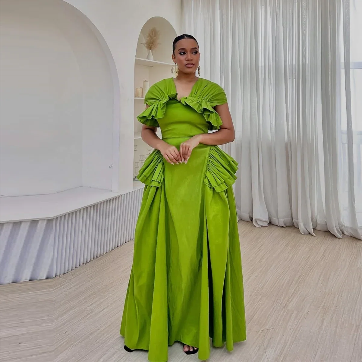 Vestido de Noche de Satén Talla Grande Pretty Green 2026 con Volantes y Manga Casquillo, Vestido de Fiesta Aso Ebi para Mujer, Ropa Formal para Eventos