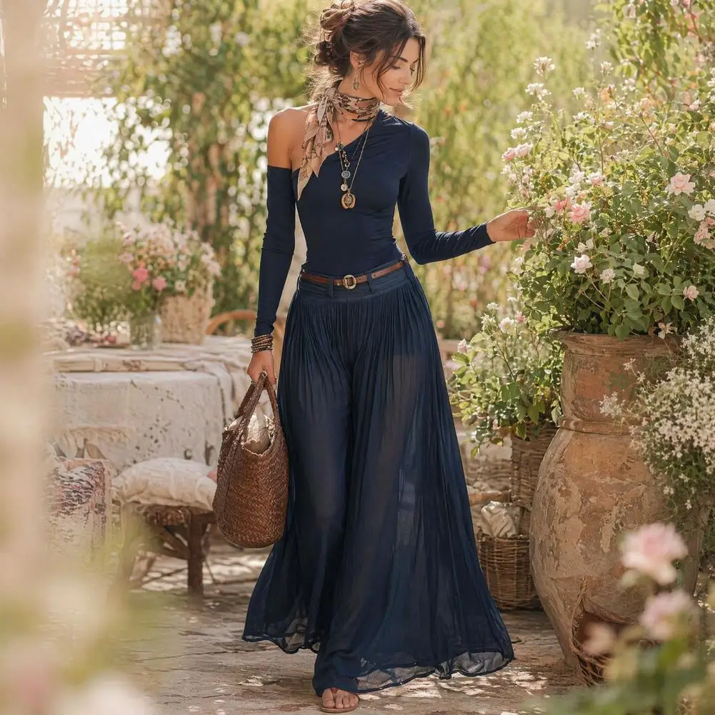 2 Piece Skirt Set for Women, One Shoulder Long Sleeve Top And Maxi Chiffon Skirt with Belt, Summer Vacation Beach Matching Outfi