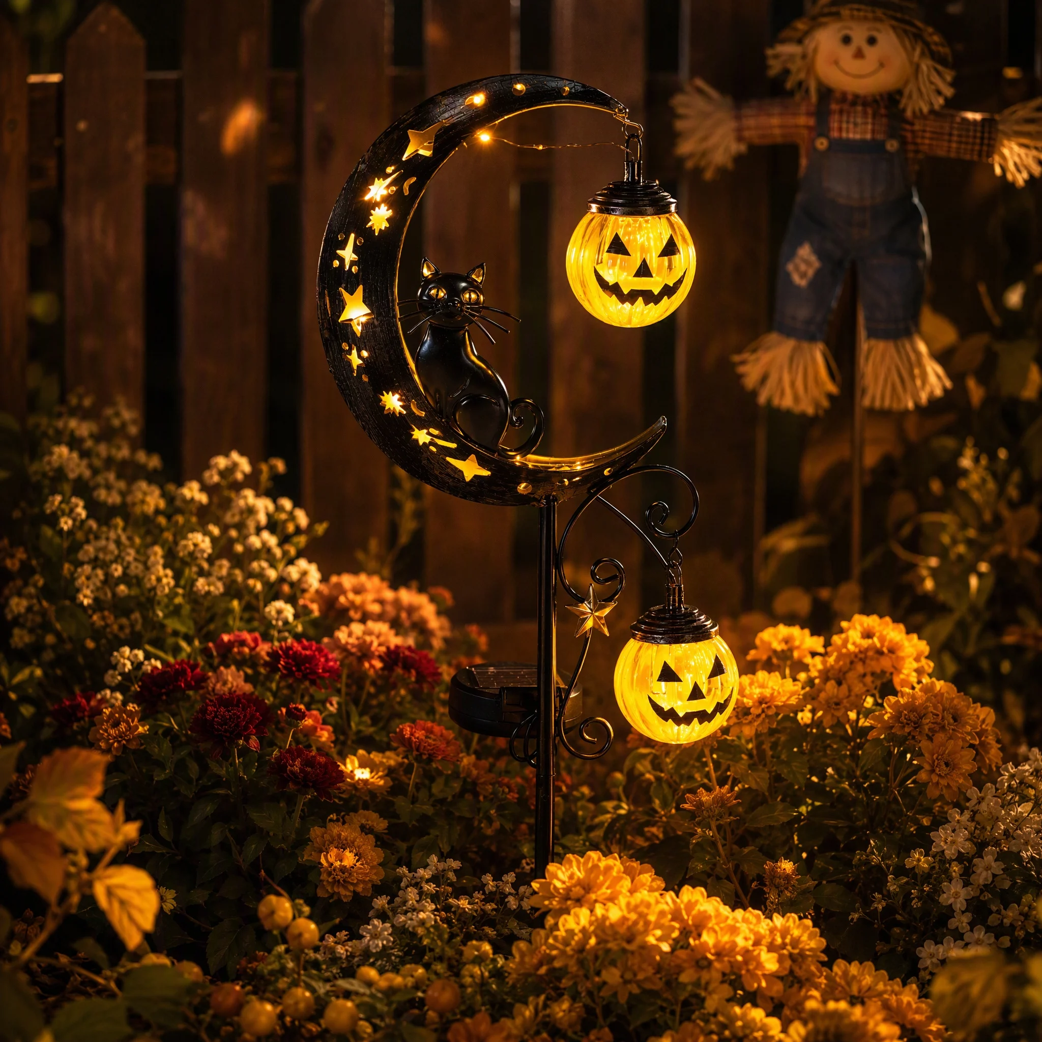 Iron Black Cat Moon Ground Lamp Waterproof Solar-Powered Garden Light with Auto On/Off Solar Garden Lights for Yard/Patio Decor