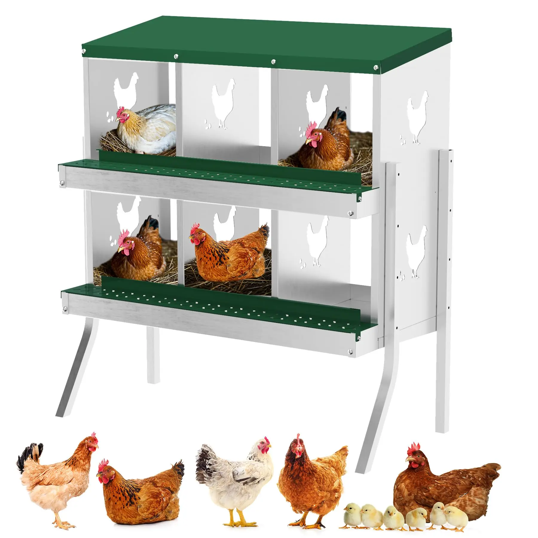 

Nesting Boxes for Chickens, 6 Compartment Chicken Nesting Box with Elevated Metal Legs, Metal Chicken Laying Boxes with Perch, S