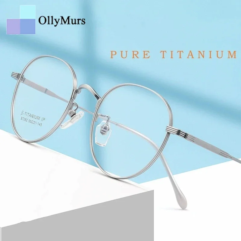 

OLLYMURS New Ultra-light High Quality Pure Titanium Eyeglasses Men Retro Round Decorative Optical Glasses Frame Women Optical