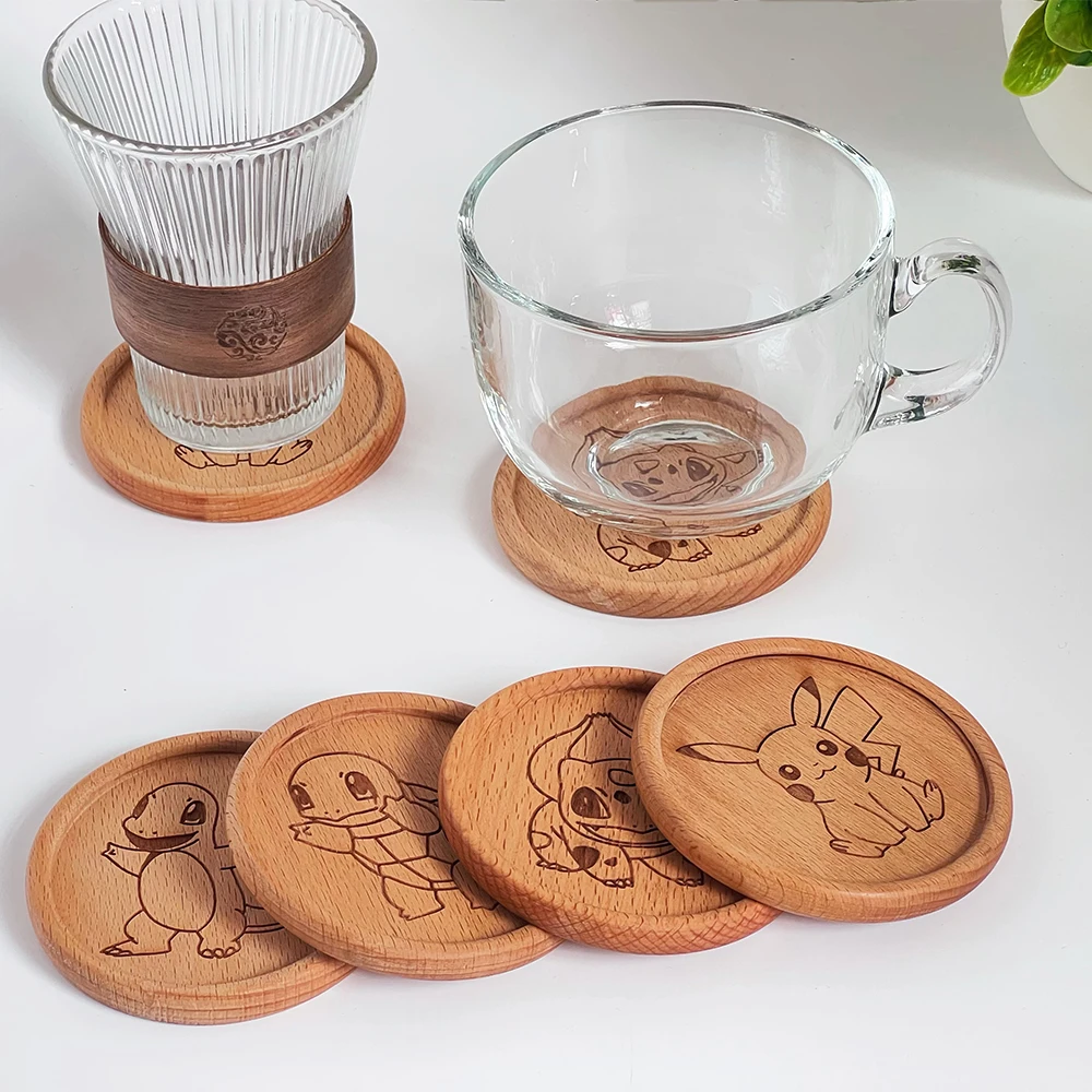 Pokemon Teacup Mat Round Natural Wood Coaster Picachu Charizard Coffee Mat Antiskid Heat Insulation Tea Mat Christmas Gift