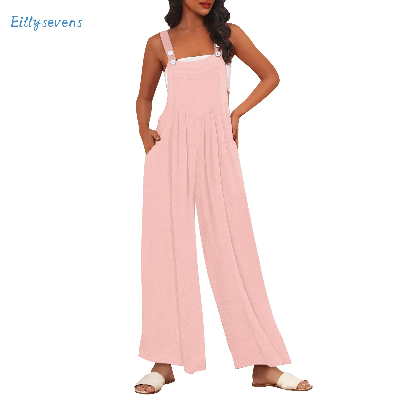 

Women'S High Waist Jumpsuit Casual Regular Solid Loose Wide Leg Wrinkles Jumpsuit Adjustable Shoulder Strap Button Bib Jumpsuit