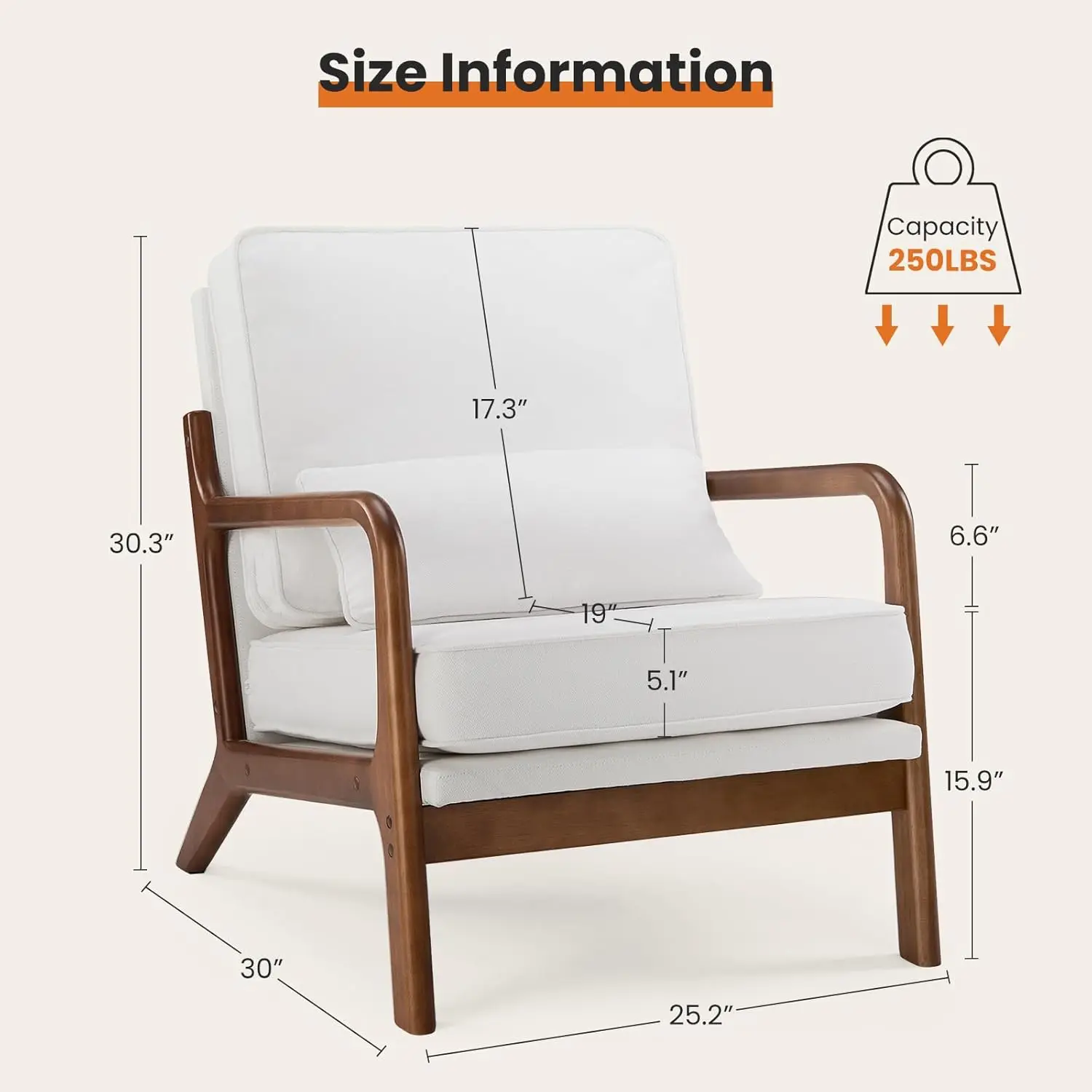 Modern mid-century chair with lumbar pillow, lounge armchair, linen comfortable reading chair with wooden frame