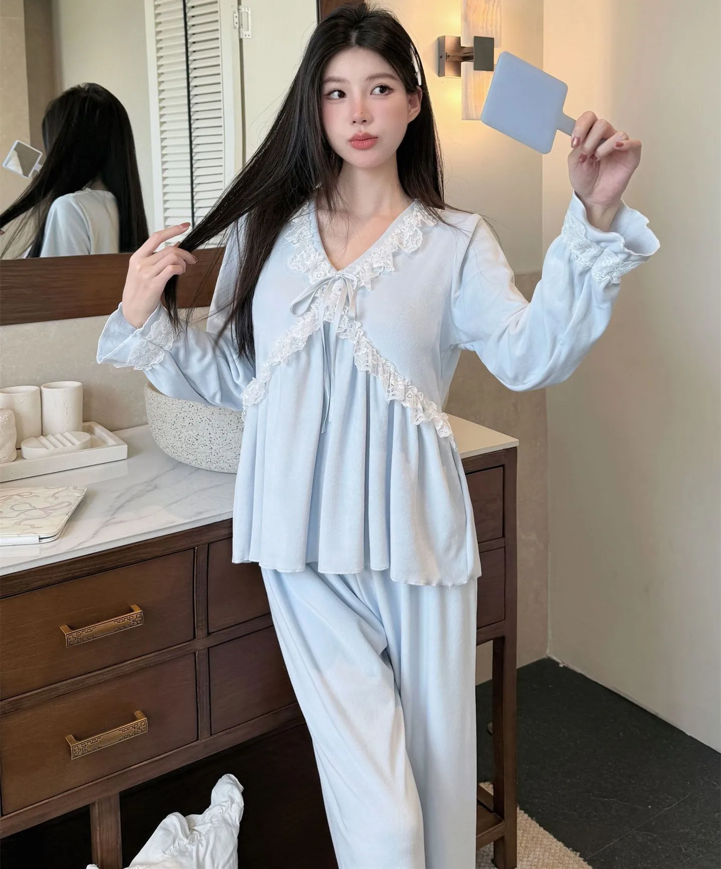 Women's Autumn Winter Lsland Fleece Thickened Warm Sleepwear Long Sleeved Pullover Pants Pajamas
