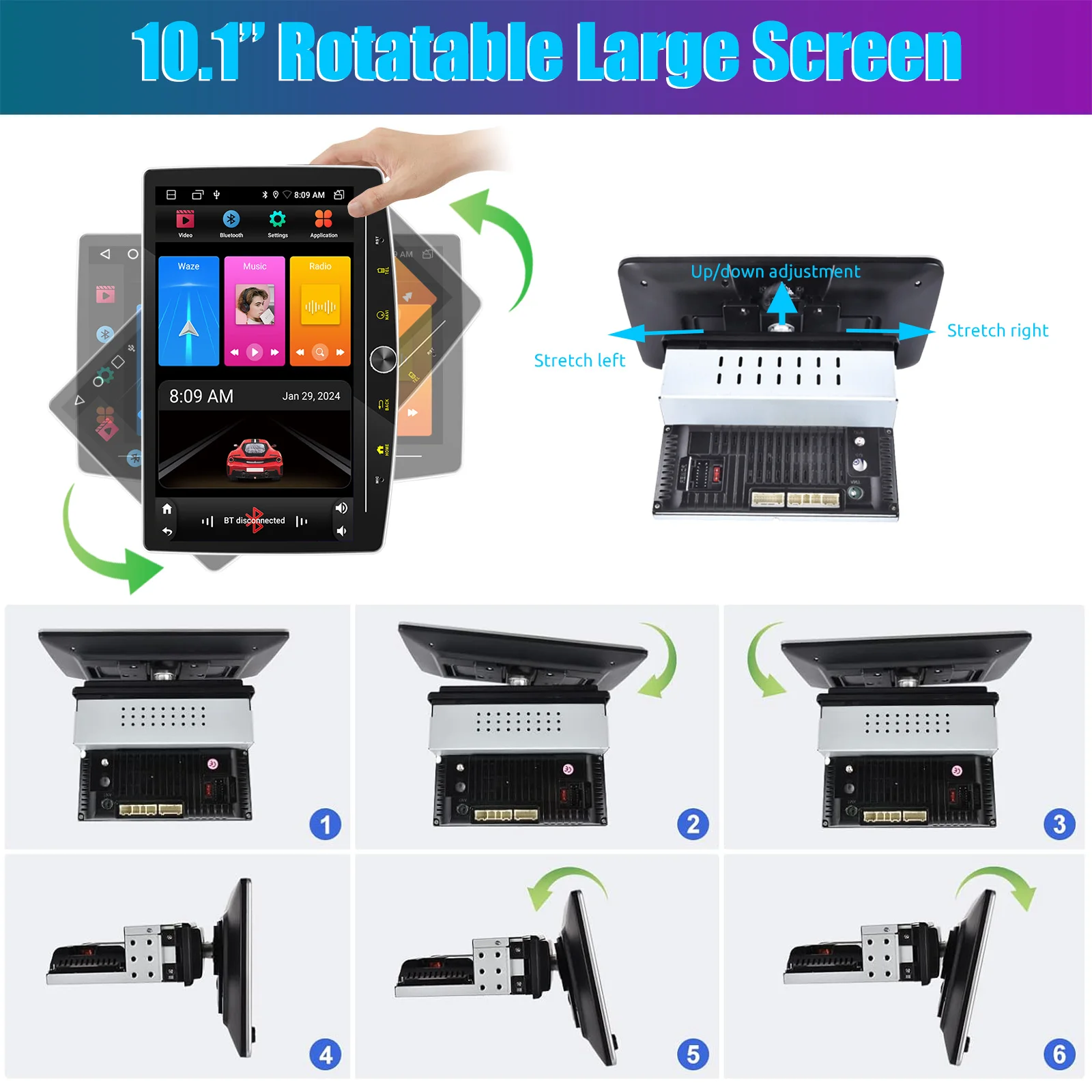 ESSGOO 10.1 "1 DIN شاشة تعمل باللمس العالمي اللاسلكي carplay أندرويد السيارات راديو ستيريو للسيارة 64G أندرويد 14 GPS NAVI SWC BT MIC WIFI