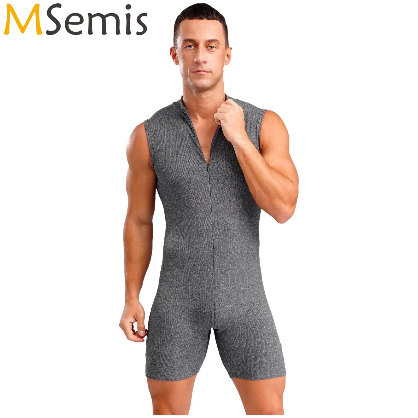 

Mens Solid One-Piece Pajama Romper Sleepwear Boyleg Zipper Onesie Jumpsuit Stretchy Pajamas Sport Bodysuit Bodybuilding Fitness