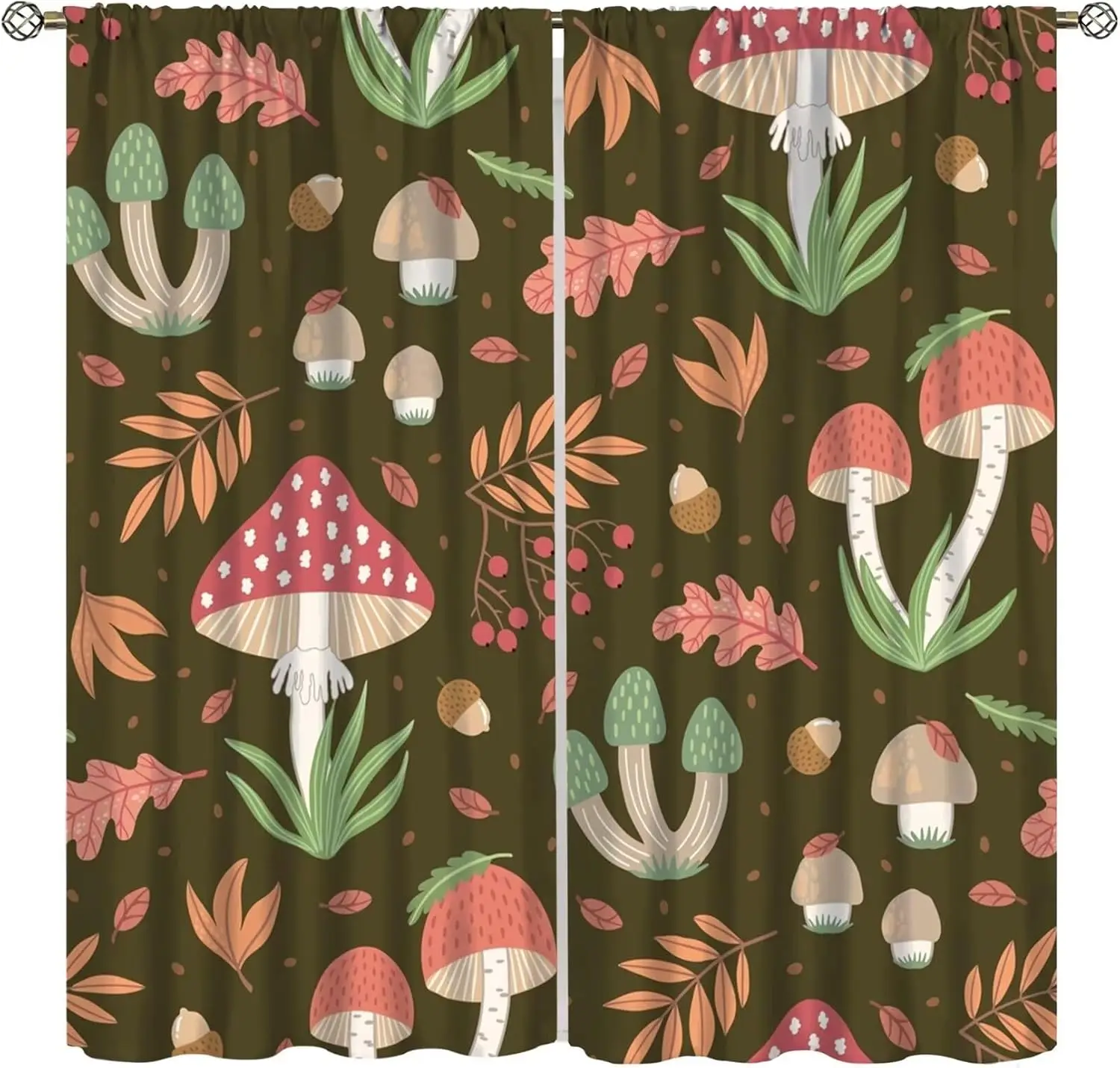 Autumn Mushroom Curtain Dark Base Spotted Mushroom Oak Leaf Acorn Berry Plant Print Light Filter Drape For Farm Bedroom Kitchen