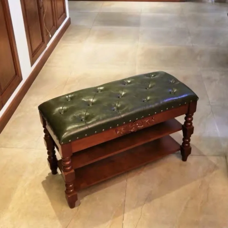 American solid wood shoe changing stool, dust-proof at home door, multi-functional storage, seated soft bag, seat cushion storag