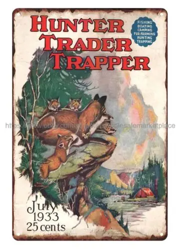 wall piece 1933 Hunter Trader Trapper Magazine cover fox family metal tin sign sign