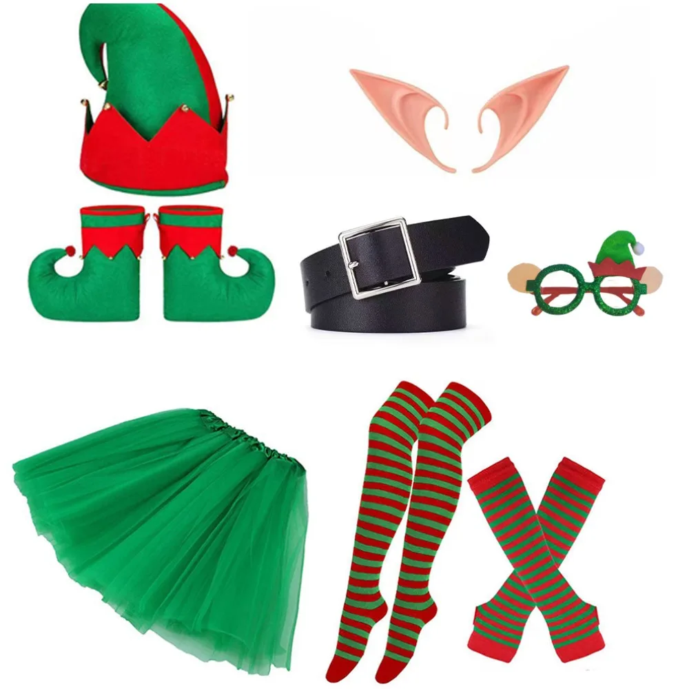Zestaw kostiumów Świątecznego Elfa PESENAR dla kobiet: czapka Świętego Mikołaja, spódniczka tutu, długie skarpetki w paski, nakładki na buty elfa na imprezę bożonarodzeniową, cosplay.